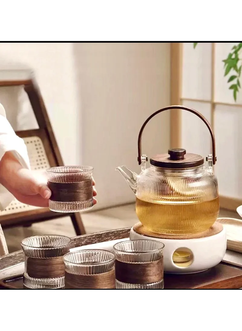 Quesera  Premium Afternoon tea time glass teapot with 6 glasses and wooden tray  | Best Price UAE