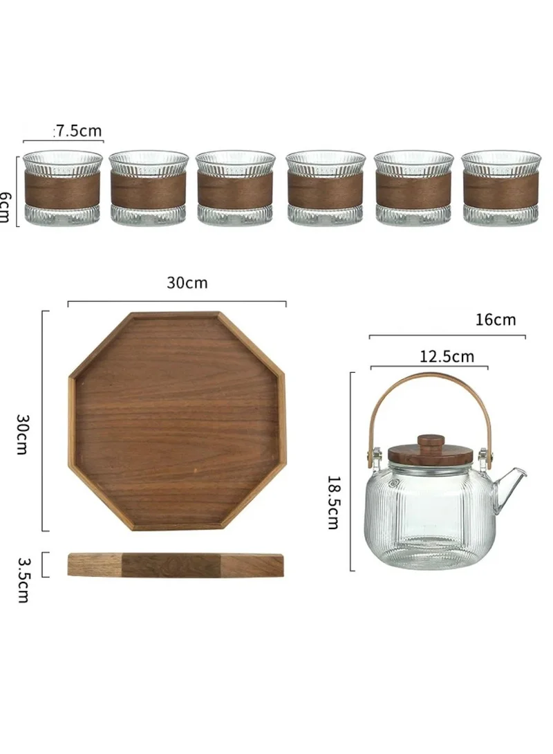 Quesera  Premium Afternoon tea time glass teapot with 6 glasses and wooden tray  | Best Price UAE