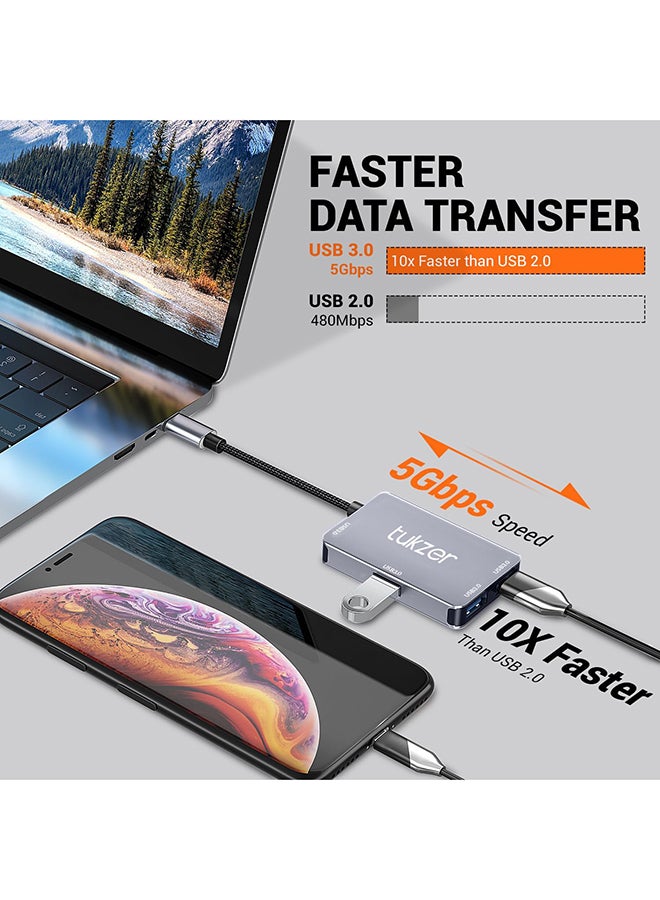 tuKZer Renewed - Tukzer 4-in-1 USB 3.0 Hub - Type C to USB A Splitter with 5Gbps Data Sync Speed for Laptops and PCs -Gray - Image 3