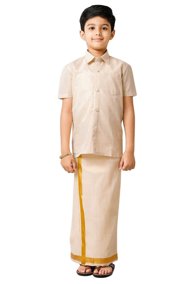 Chandrakala Shirt Dhoti Set for Boys Half Sleeve Tissue Jari South Indian Dress,5-6 Years Gold Beige (KB103GOL6) - Image 1