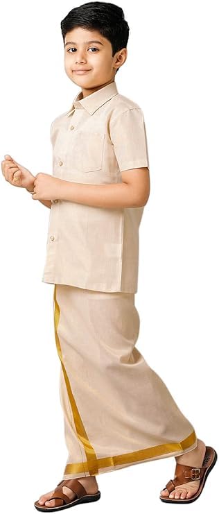 Chandrakala Shirt Dhoti Set for Boys Half Sleeve Tissue Jari South Indian Dress,5-6 Years Gold Beige (KB103GOL6) - Image 2