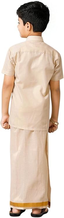 Chandrakala Shirt Dhoti Set for Boys Half Sleeve Tissue Jari South Indian Dress,5-6 Years Gold Beige (KB103GOL6) - Image 3