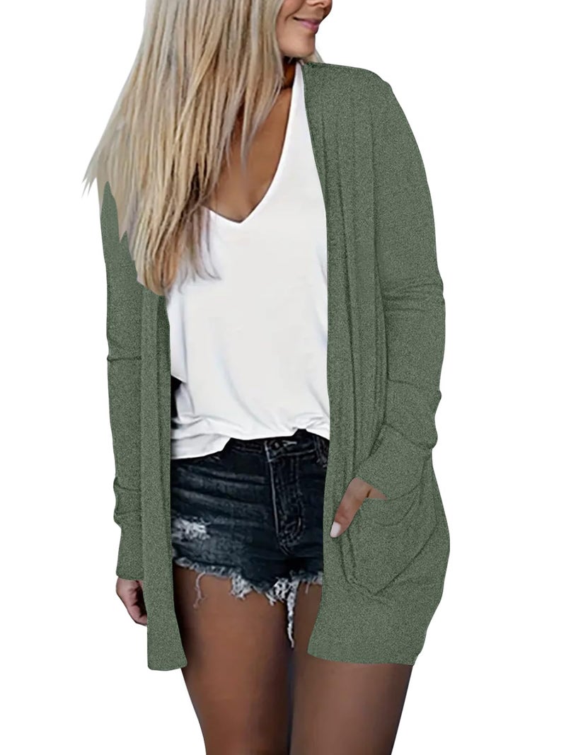 DB MOON Womens Long Cardigan Light Weight Sweater Long Sleeve Lightweight Open Front Fall Outfits with Pockets Gray Green - Image 2