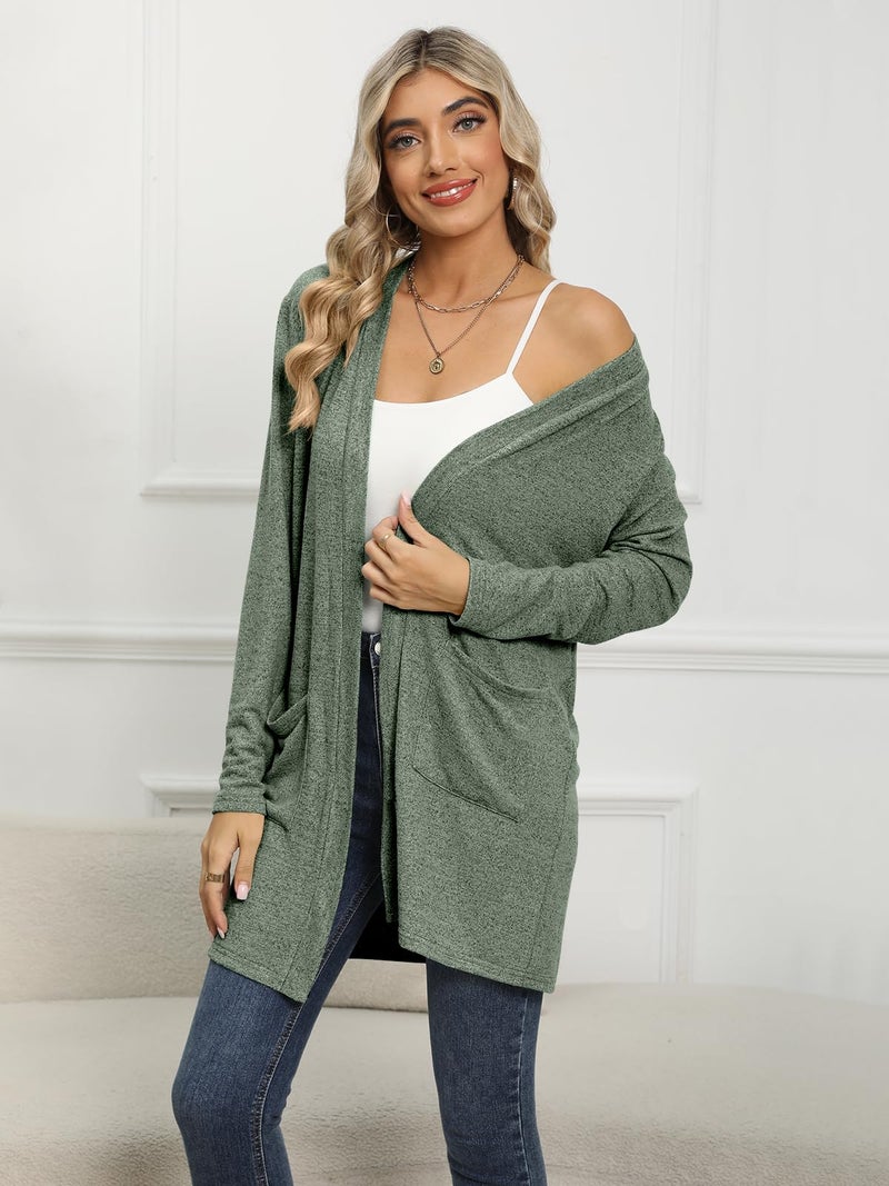 DB MOON Womens Long Cardigan Light Weight Sweater Long Sleeve Lightweight Open Front Fall Outfits with Pockets Gray Green - Image 3