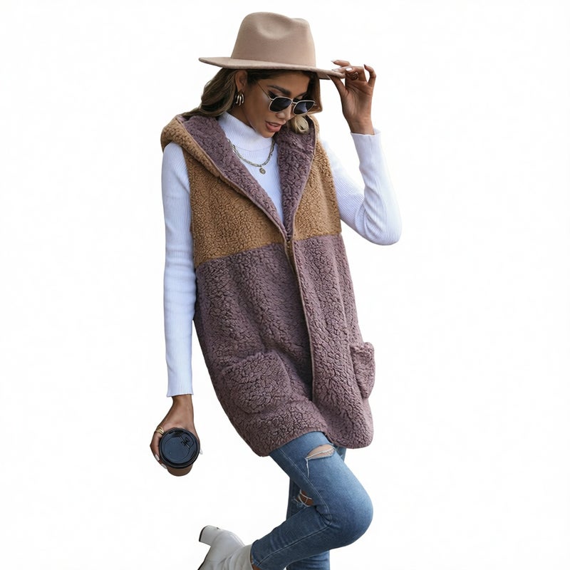 Fleece Hooded Sleeveless Color Block Pocket Open Front Long Cardigan Coat
