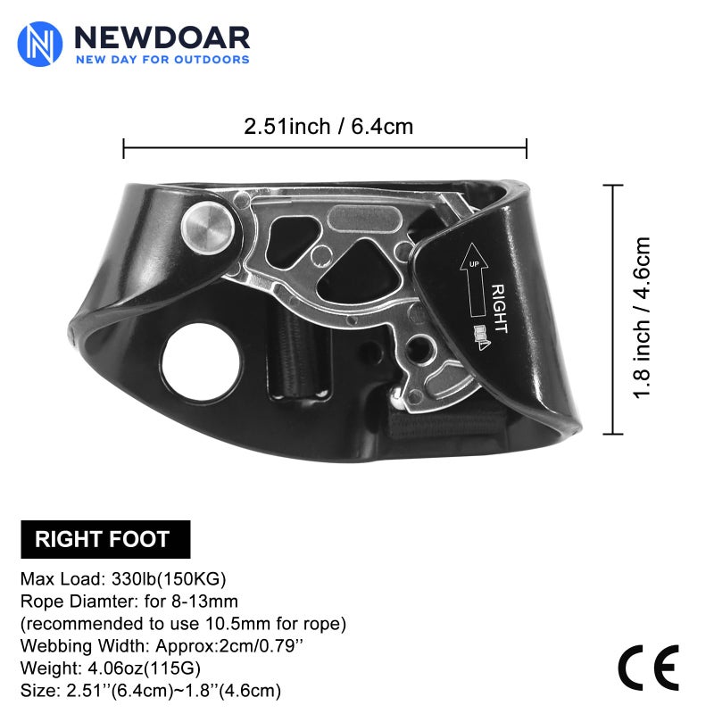 NewDoar Right Foot Ascender Riser Rock Climbing Tree Arborist Mountaineering Rappelling Quick Step Equipment CE Certified Climbing Device for 8~13MM Rope(Right Black) - Image 2