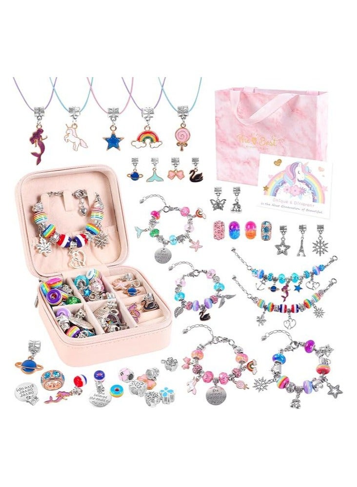 عام طقم صنع الأساور - مجموعة أدوات حرفية DIY مكونة من 68 قطعة للفتيات، تشمل خرزًا ورديًا وأ charms جذابة مثل وحيد القرن، وعروسة البحر، والقلوب. هدية مثالية لأعياد الميلاد أو المناسبات للأطفال من عمر 6 إلى 12 سنة. - Image 1