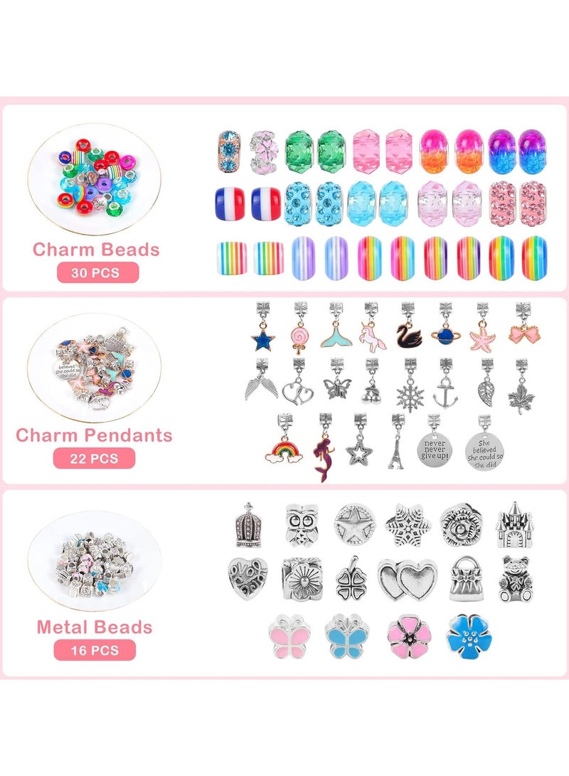 عام طقم صنع الأساور - مجموعة أدوات حرفية DIY مكونة من 68 قطعة للفتيات، تشمل خرزًا ورديًا وأ charms جذابة مثل وحيد القرن، وعروسة البحر، والقلوب. هدية مثالية لأعياد الميلاد أو المناسبات للأطفال من عمر 6 إلى 12 سنة. - Image 4