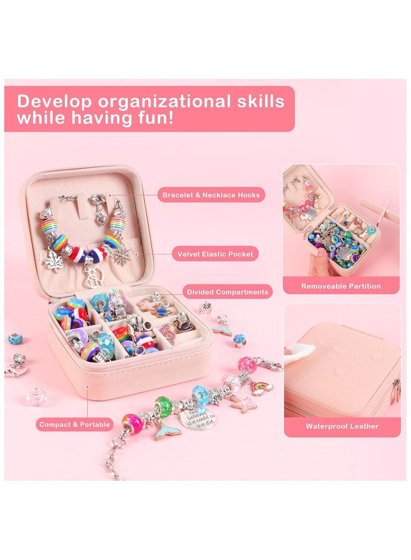عام طقم صنع الأساور - مجموعة أدوات حرفية DIY مكونة من 68 قطعة للفتيات، تشمل خرزًا ورديًا وأ charms جذابة مثل وحيد القرن، وعروسة البحر، والقلوب. هدية مثالية لأعياد الميلاد أو المناسبات للأطفال من عمر 6 إلى 12 سنة. - Image 2