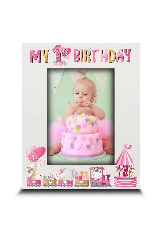 BELLA BUSTA - My 1St Birthdaybaby Boy Baby Girl First Birthdayuv Print Wood Picture Frame (Girl 5X7 Vertical) - Image 1