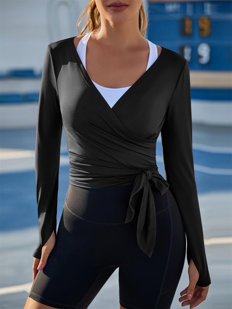 Fisoew Womens Wrap Tie Tops Long Sleeve Workout Crop Wrap Shirts Casual Lightweight Ballet Pilates Yoga Active Tops Black - Image 2