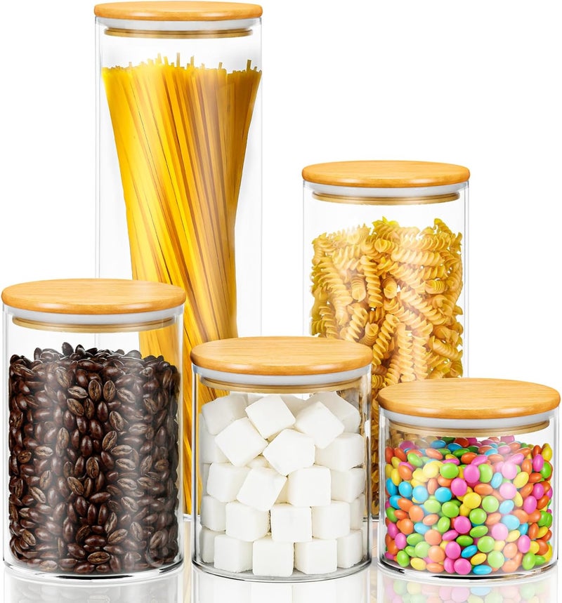KOIKEY وعاء سكر زجاجي وحاوية ملح، أحجام متعددة، غطاء من الخيزران محكم الإغلاق (19/26/33/45/68 أونصة) عبوة من 5 قطع، لتخزين الشوفان الليلي، والملح، وحبوب القهوة، والتوابل، ومبيض القهوة، ومنظم الطعام - Image 1