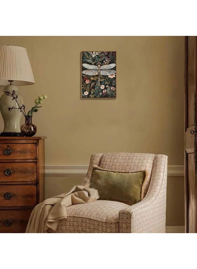 Djmwtb Vintage Dragonfly Framed Wall Art Green Botanical Canvas Art Prints Boho Flower Pictures Wall Decor Nature Floral Paintings Artwork for Living Room Bedroom Bathroom Office 12x16in - Image 2