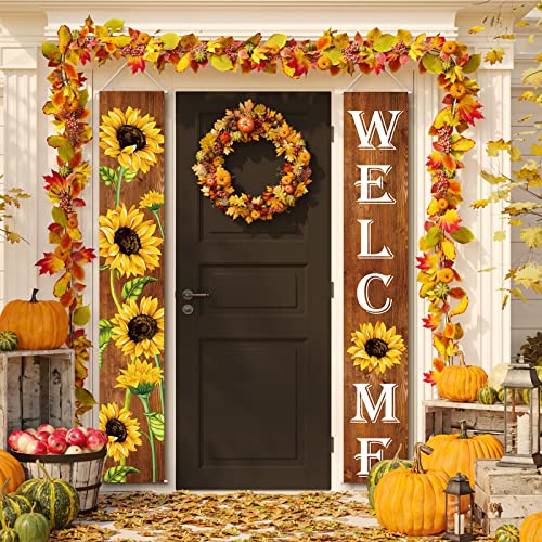 Tatuo Sunflower Welcome Hanging Banners Fall Porch Banners Flags Autumn Door Banner Thanksgiving Hanging Banner for Front Door Garden Home Yard Sunflower Party DecorationsWood Background