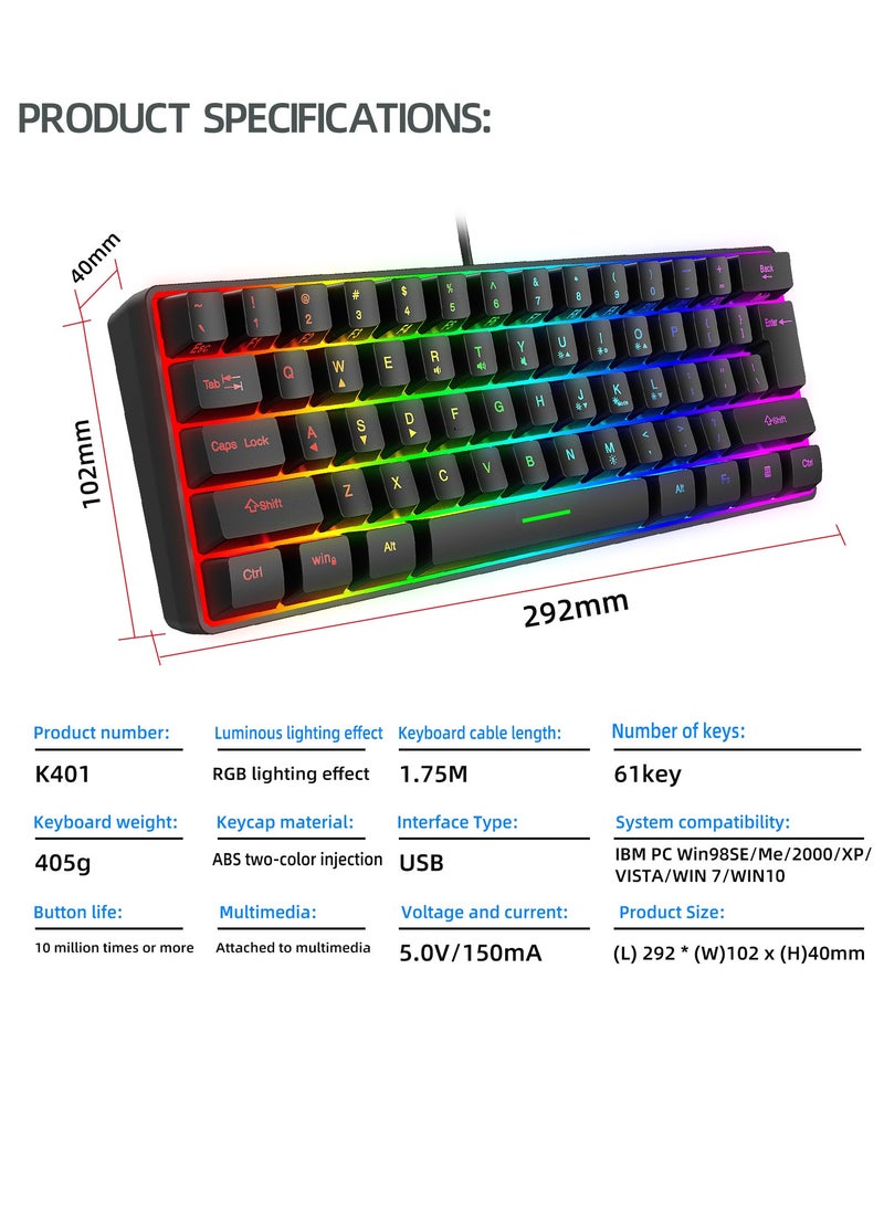 BORTONY - Gaming Keyboard Mechanical 61 Keys Ultra Compact Wired PC Keyboard with RGB Backlit FN Combination Multifunction Shortcut Keys Perfect for Gaming and Work - Image 1