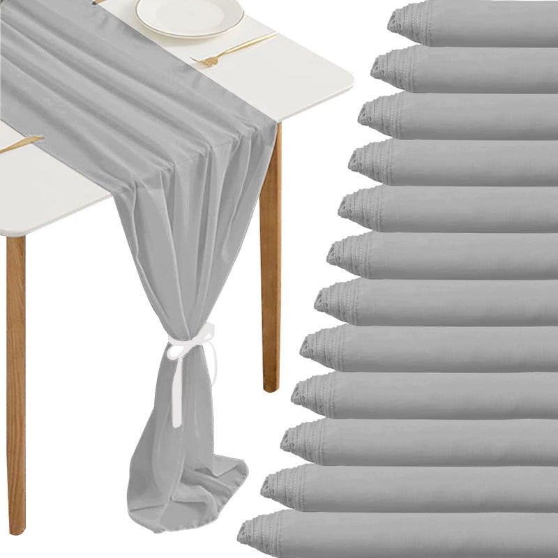 Fivenl 12 Pack Chiffon Table Runner  27 x 120 Inches Sheer Romantic for Wedding Birthday Party  Shower Decoration Gray