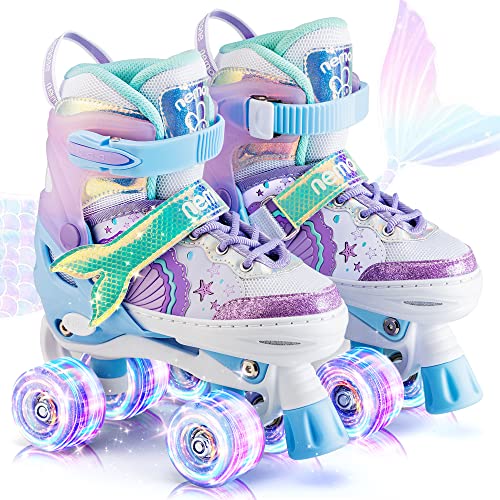 NEMONE Mermaid 4 Size Adjustable Light up Roller Skates for Girls Blue Purple Skates for Toddlers Beginner Kids Roller Skates Indoor Outdoor Blue M