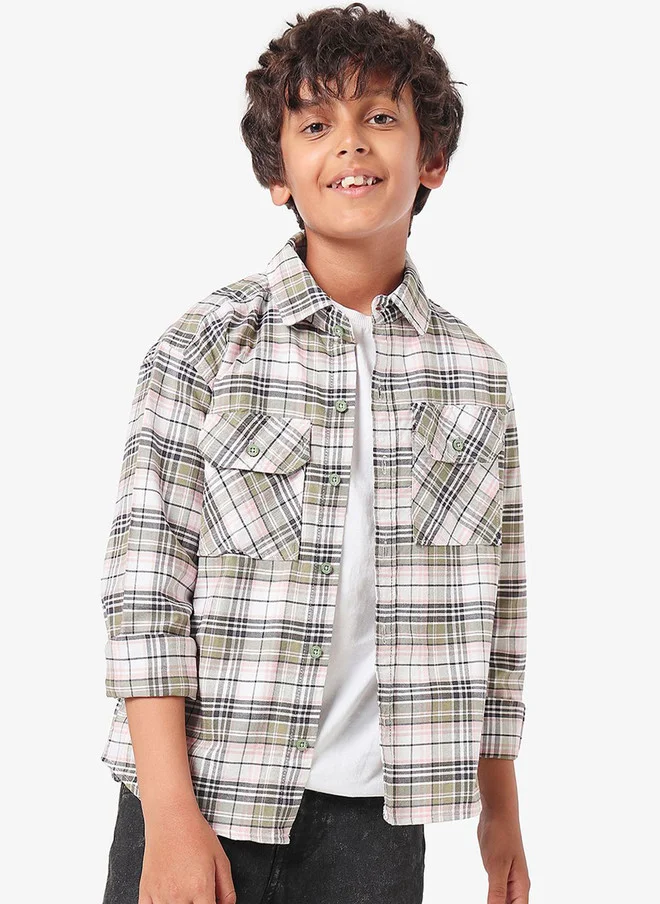 بونكيدز BONKIDS Boys Spread Collar Tartan Checked Cotton Casual Shirt