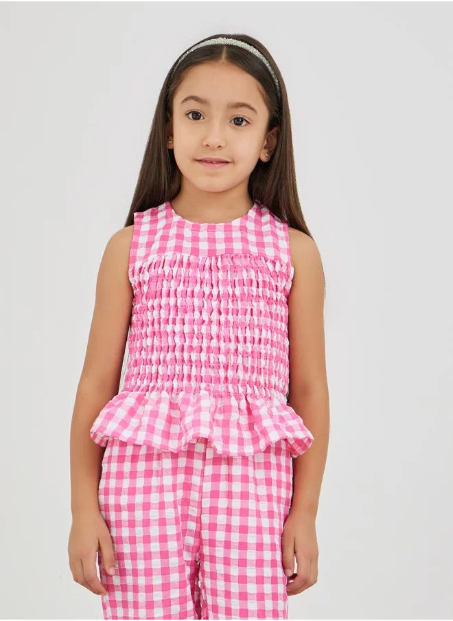 Styli Styli Gingham Print Smocked Detail Top and Trousers Set