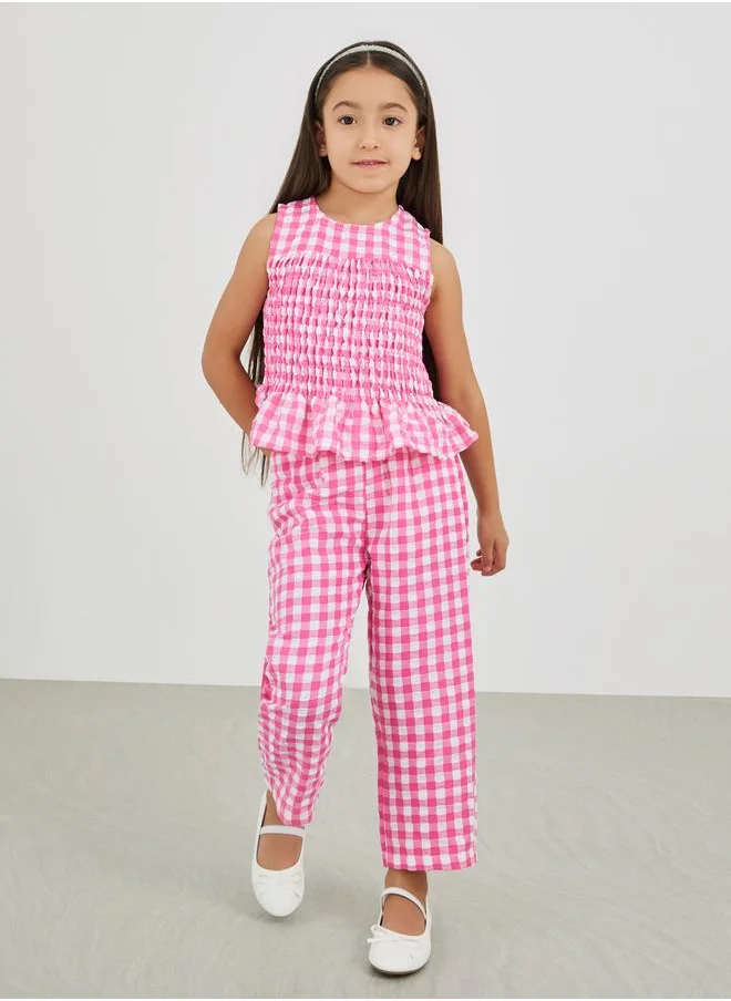 Styli Styli Gingham Print Smocked Detail Top and Trousers Set