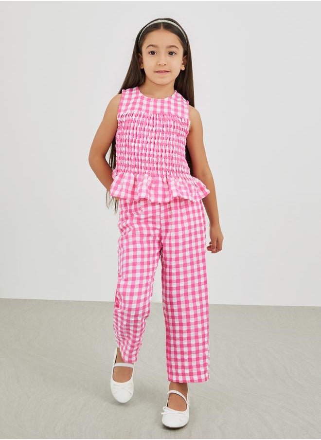 Styli Styli Gingham Print Smocked Detail Top and Trousers Set  - Image 1