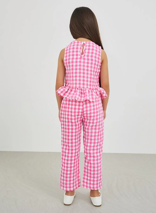 Styli Styli Gingham Print Smocked Detail Top and Trousers Set