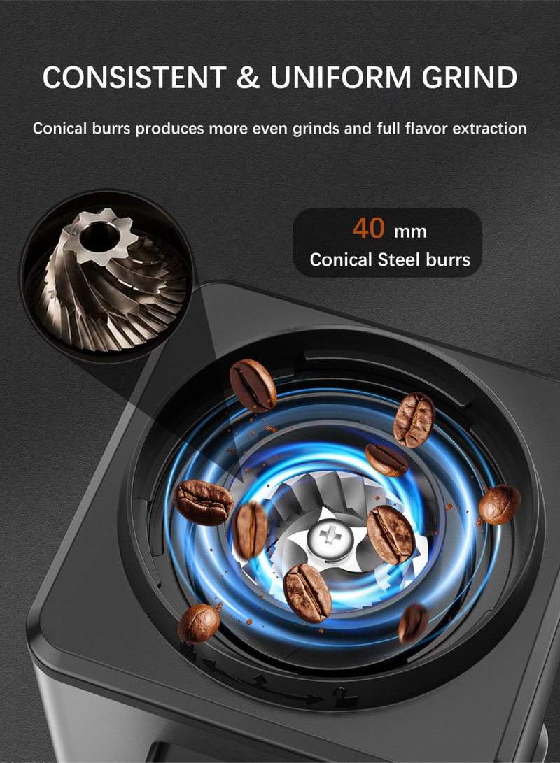 Jourvent V60 Electric Conical Burr Coffee Grinder, 25 Adjustable Grind Settings, Touchscreen, Precision Timer, Anti-Static Design – Ideal for Espresso, Drip, Pour Over, Cold Brew, and French Press, Stainless Steel, Easy to Clean, 2-12 Cups, Black - Image 2