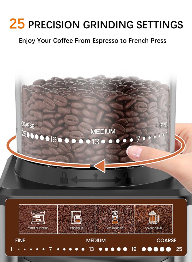 Jourvent V60 Electric Conical Burr Coffee Grinder, 25 Adjustable Grind Settings, Touchscreen, Precision Timer, Anti-Static Design – Ideal for Espresso, Drip, Pour Over, Cold Brew, and French Press, Stainless Steel, Easy to Clean, 2-12 Cups, Black - Image 3