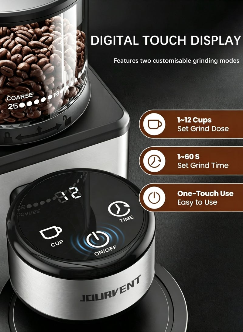 Jourvent V60 Electric Conical Burr Coffee Grinder, 25 Adjustable Grind Settings, Touchscreen, Precision Timer, Anti-Static Design – Ideal for Espresso, Drip, Pour Over, Cold Brew, and French Press, Stainless Steel, Easy to Clean, 2-12 Cups, Black - Image 4