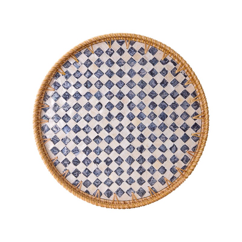 Kmelep Round Rattan Tray with Mother of Pearl Inlay Rattan Serving Tray with Wooden Base Decorative Wicker Basket for Table Decor Storage and Display of Coffee Bread Food Fruit Checkerboard 135 - Image 2