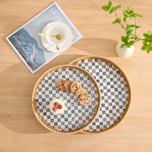 Kmelep Round Rattan Tray with Mother of Pearl Inlay Rattan Serving Tray with Wooden Base Decorative Wicker Basket for Table Decor Storage and Display of Coffee Bread Food Fruit Checkerboard 135 - Image 3