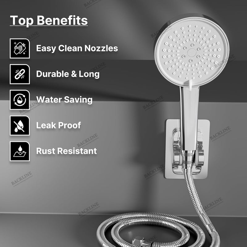 B BACKLINE ABS 5-Function Hand Shower for Bathroom | Chrome Finish Handheld Shower Head with 1.5 Meter Flexible Hose & Wall Mount Hook | High Pressure Multi Spray Shower Set (Chrome Finish) - Image 4