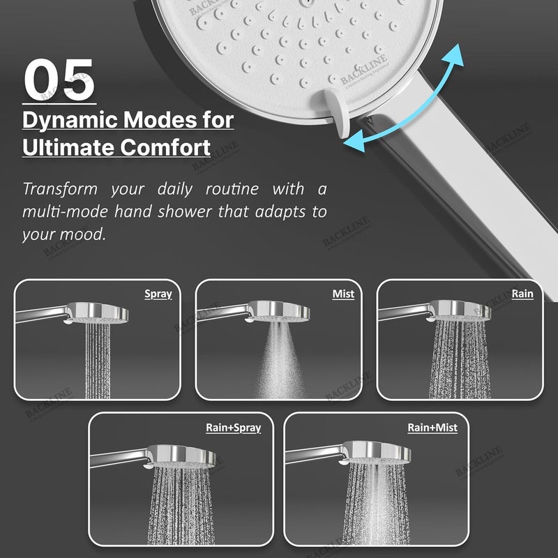 B BACKLINE ABS 5-Function Hand Shower for Bathroom | Chrome Finish Handheld Shower Head with 1.5 Meter Flexible Hose & Wall Mount Hook | High Pressure Multi Spray Shower Set (Chrome Finish) - Image 3