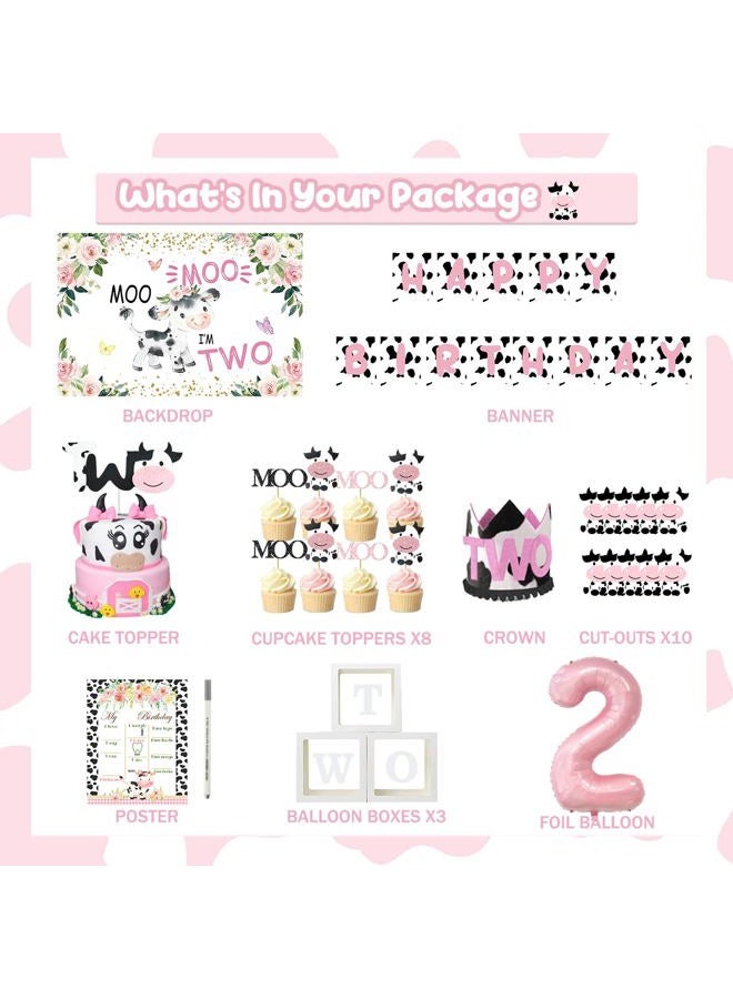 Fiesec 126 PCs Moo Moo Im Two Birthday Decorations Girl, Cow 2nd Birthday Party Supplies Two Years Old Backdrop Balloon Garland Banner Cake Cupcake Toppers Boxes Cutout Crown Poster Pink White Black - Image 2