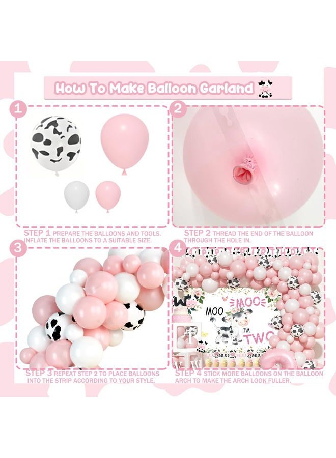 Fiesec 126 PCs Moo Moo Im Two Birthday Decorations Girl, Cow 2nd Birthday Party Supplies Two Years Old Backdrop Balloon Garland Banner Cake Cupcake Toppers Boxes Cutout Crown Poster Pink White Black - Image 4