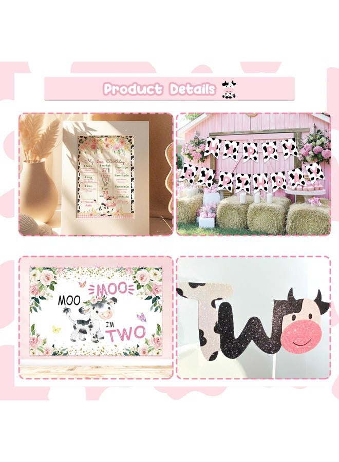 Fiesec 126 PCs Moo Moo Im Two Birthday Decorations Girl, Cow 2nd Birthday Party Supplies Two Years Old Backdrop Balloon Garland Banner Cake Cupcake Toppers Boxes Cutout Crown Poster Pink White Black - Image 3