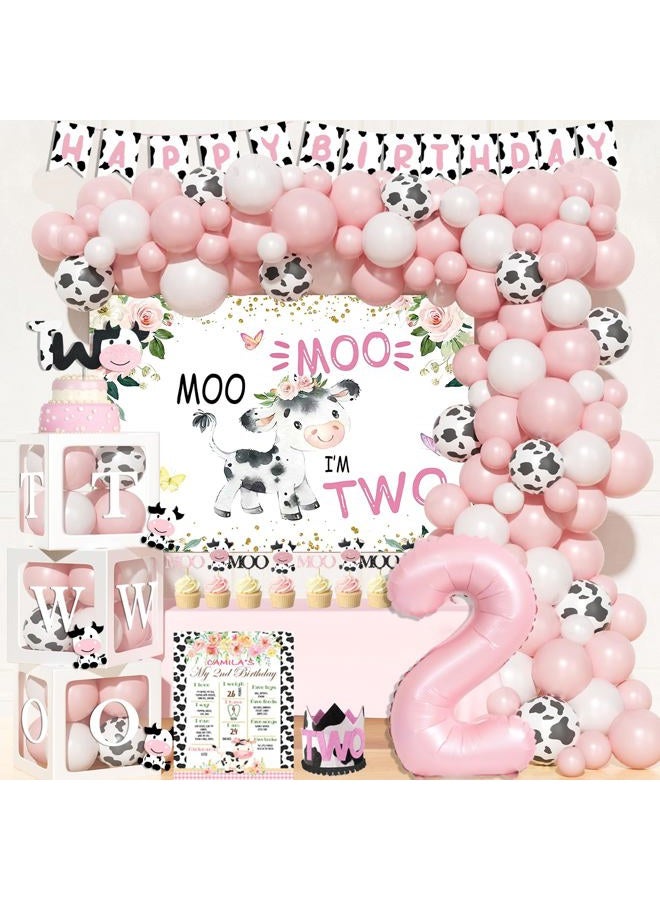 Fiesec 126 PCs Moo Moo Im Two Birthday Decorations Girl, Cow 2nd Birthday Party Supplies Two Years Old Backdrop Balloon Garland Banner Cake Cupcake Toppers Boxes Cutout Crown Poster Pink White Black - Image 1