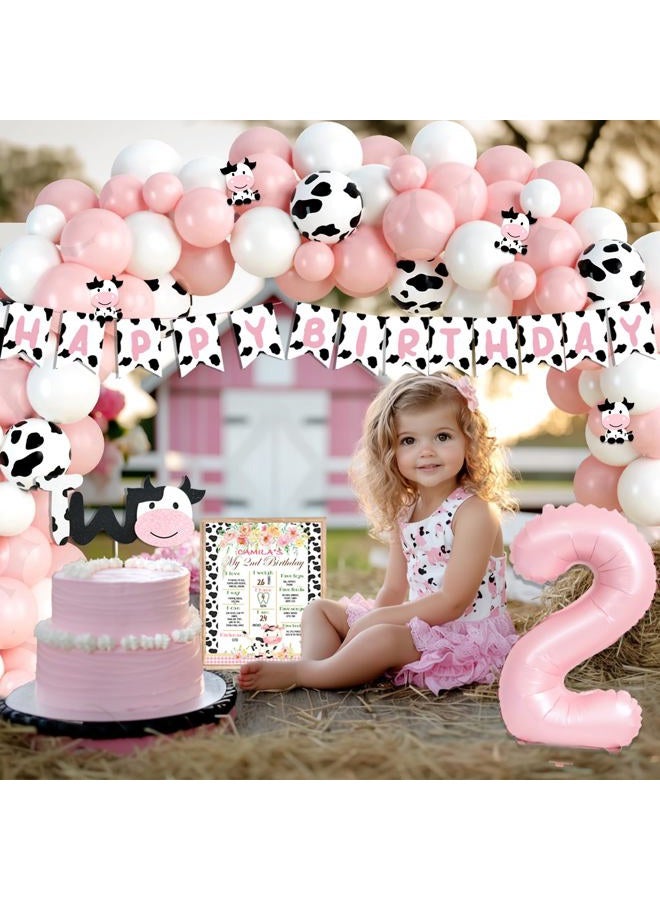 Fiesec 126 PCs Moo Moo Im Two Birthday Decorations Girl, Cow 2nd Birthday Party Supplies Two Years Old Backdrop Balloon Garland Banner Cake Cupcake Toppers Boxes Cutout Crown Poster Pink White Black - Image 5