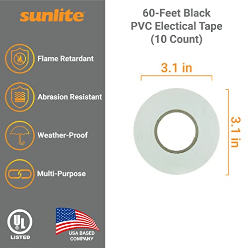 Sunlite 41325-SU 10-Pack PVC Electrical Tape, 60 Feet x 0.75 Inches, For Splicing, Protecting, and Insulating Wires, Abrasion Resistant, Flame Retardant, Weatherproof, UL Listed, White - Image 2