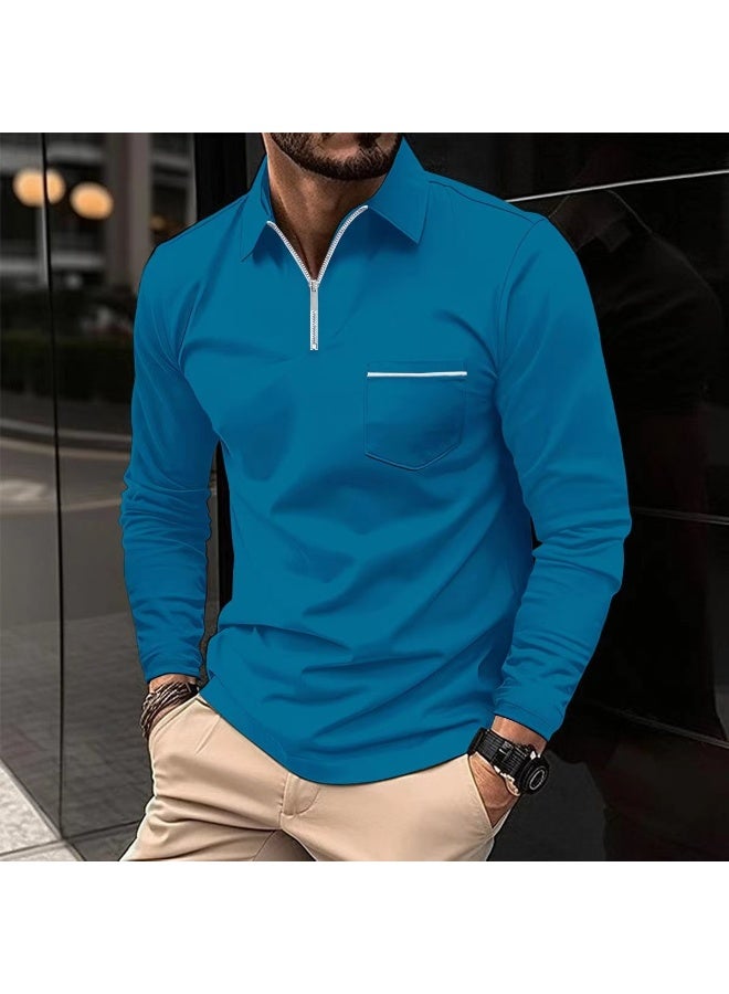 Spring Autumn Solid Color Long Sleeve Polo Shirt Zipper Pocket Lapel Men's Casual Sports Long Sleeve Top Men - Image 1
