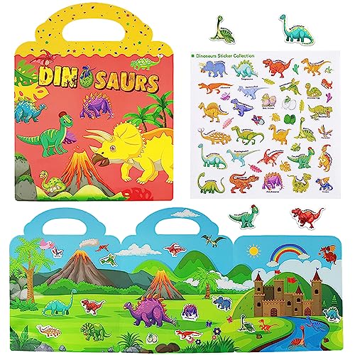 Yowlieu Reusable Sticker Books for Kids Travel Removable Toddler Dinosaur Sticker Books for 3 4 5 Year Old Girls Boys Birthday Gifts Educational Learning Toys - Image 1