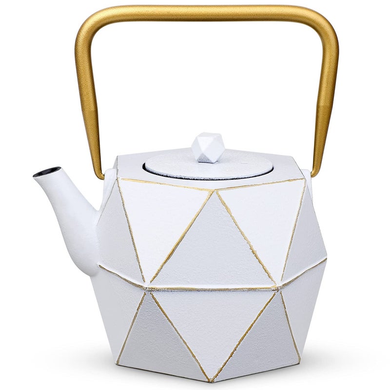Toptier Cast Iron Teapot Stovetop Safe Japanese Cast Iron Tea Kettle Diamond Design Tea Pot with Removable Infuser for Loose Tea 30 Ounce 900 ml White