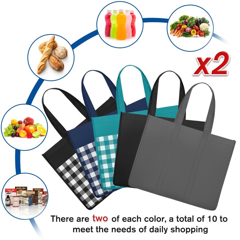 WISELIFE WISELIFE Reusable Grocery Shopping Bags 10 Pack Large Foldable Tote Bags Bulk  Eco Produce Bags with Long Handle for Shopping Groceries Clothes (Plaid B) - Image 3