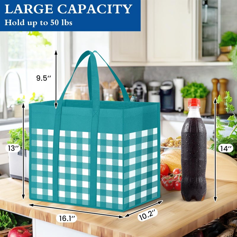WISELIFE WISELIFE Reusable Grocery Shopping Bags 10 Pack Large Foldable Tote Bags Bulk  Eco Produce Bags with Long Handle for Shopping Groceries Clothes (Plaid B) - Image 2