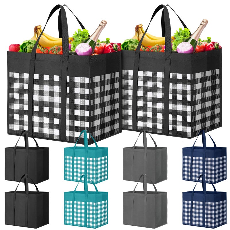 WISELIFE WISELIFE Reusable Grocery Shopping Bags 10 Pack Large Foldable Tote Bags Bulk  Eco Produce Bags with Long Handle for Shopping Groceries Clothes (Plaid B) - Image 1