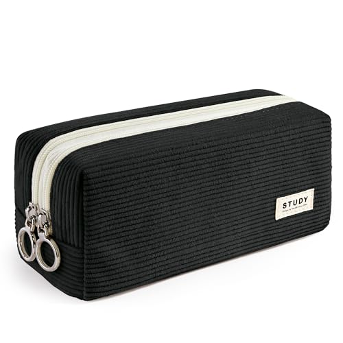 KALIDI FANCY FOREST KALIDI Large Pencil Case Corduroy Pencil Pouch Box Cute School Supplies for Teen Girls Boys, Black - Image 1