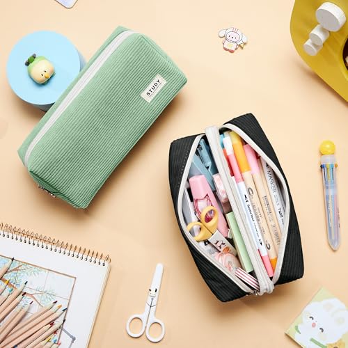 KALIDI FANCY FOREST KALIDI Large Pencil Case Corduroy Pencil Pouch Box Cute School Supplies for Teen Girls Boys, Black - Image 4