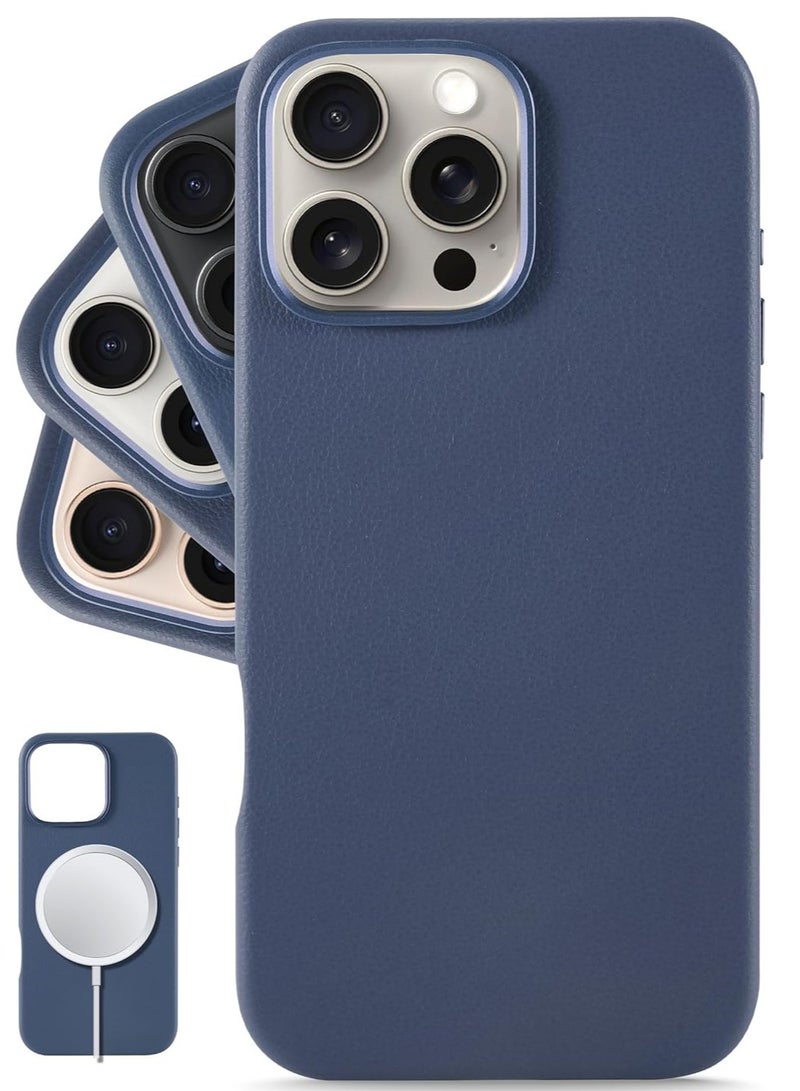 حافظة هاتف جلدية أوروبية كلاسيكية لجهاز آيفون 16 برو - أزرق أزوري، تنعم وتصبح أكثر ليونة مع مرور الوقت، متوافقة مع ماج سيف - Image 1