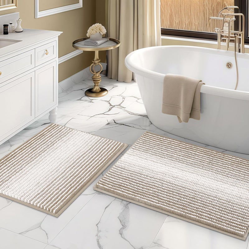BSICPRO Bathroom Rugs and Mats Sets, 2 Piece Thick Absorbent Chenille Bath Mat Rug Set Non Slip, Soft Shaggy Bath Room Floor Mats for Bathroom, Machine Washable (Light Taupe, 20" x 32" Plus 16" x 24") - Image 1
