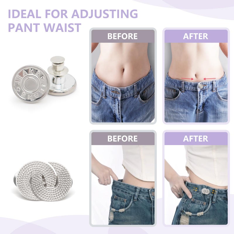 ROPAKED 18 Sets Pant Waist Tightener No Sew Button Pins for Loose Jeans Replacement, Reusable Waist Cincher Clip Adjustable Pants Button Waistband Tightener Metal Brooch for Clothing Dresses Skirts - Image 2